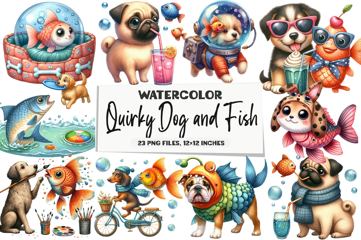 Quirky Dog and Fish Clipart, an Illustration by DreamArtGraphic (Photo 1 of 5)