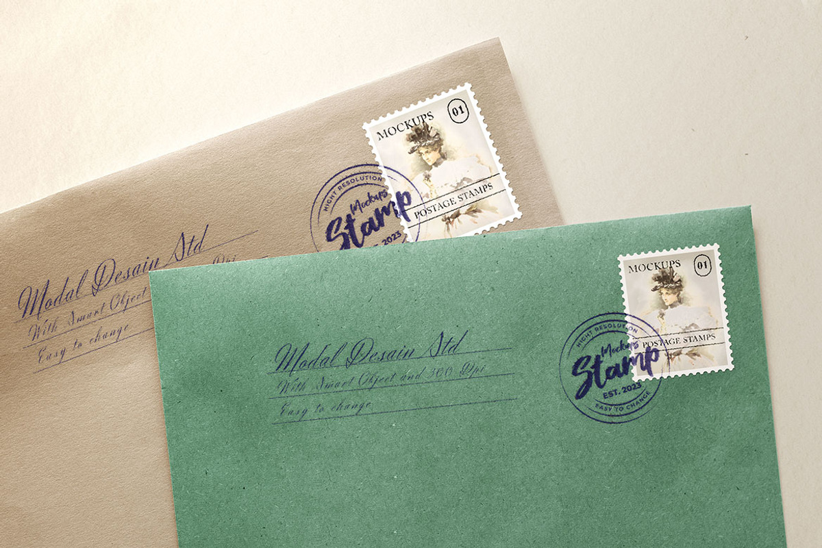 Stamp and Postage Stamp Mockup, a Books & Magazine Mockup by Artlogs x Modaldesain (Photo 2 of 4)