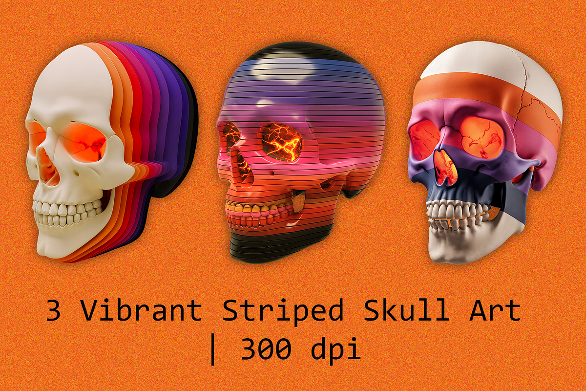 3 Vibrant Striped Skull Art, an Object Illustration by StockVerse Creative (Photo 1 of 4)