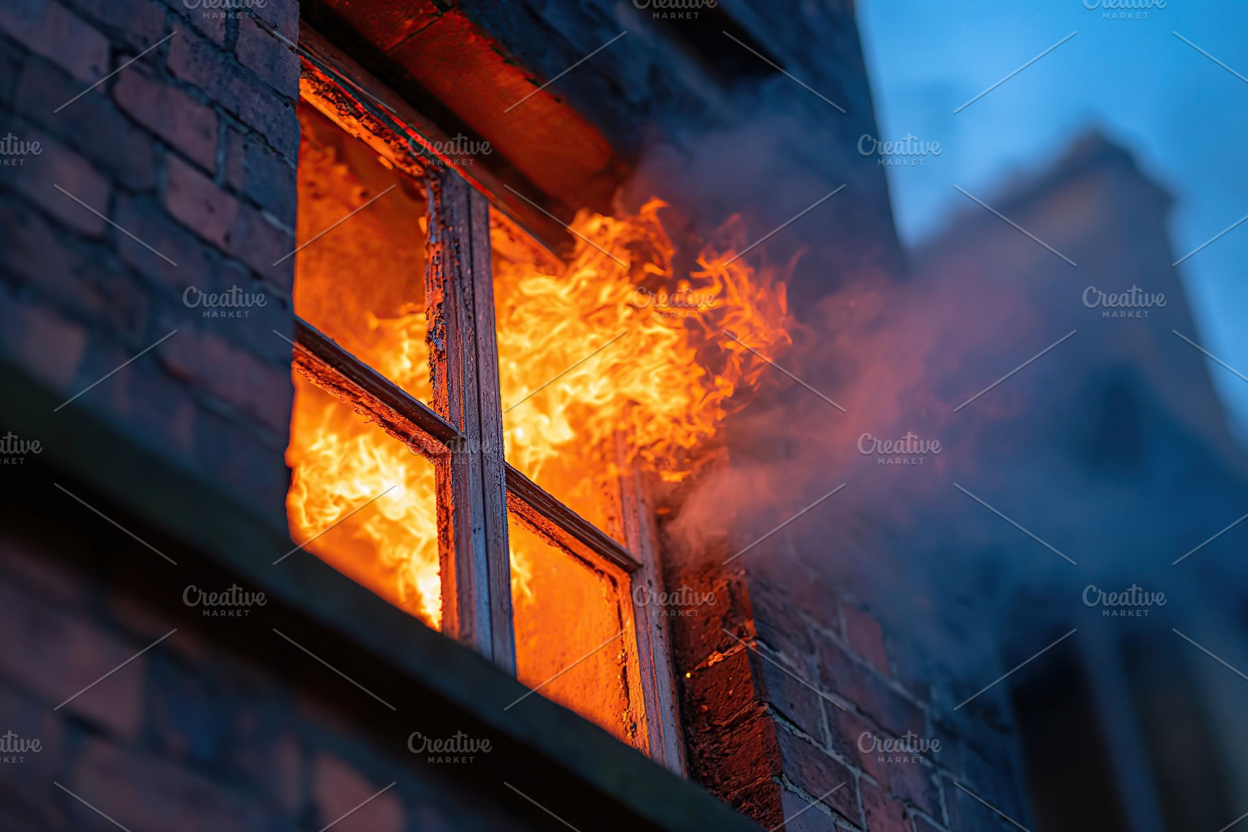 Flames erupt from an upper floor window of a building during a fire incident at, a Photo by AlyaAnd