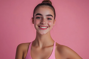 Fitness woman, athletic girl on pink background, a Photo by AlyaAnd