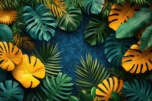 Lush tropical leaves surround a vibr, a Photo by Tanuart