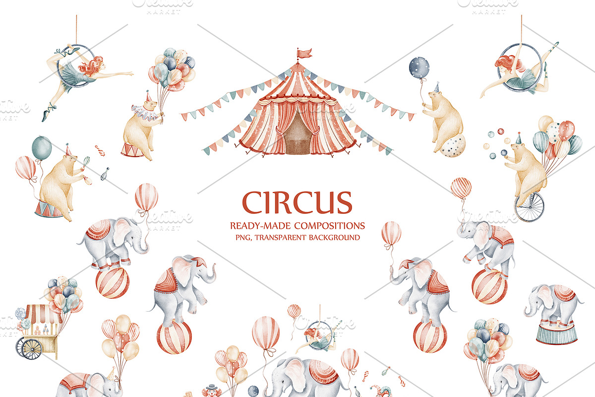 Cute Circus Watercolor Clipart Set, an Animal Illustration by LenArt (Photo 7 of 18)