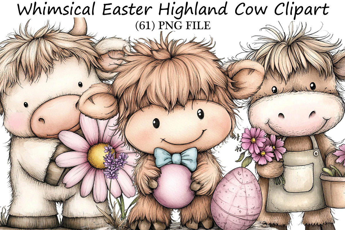Whimsical Easter Highland Cow Clipar, an Illustration by DreamPrint404 (Photo 1 of 6)