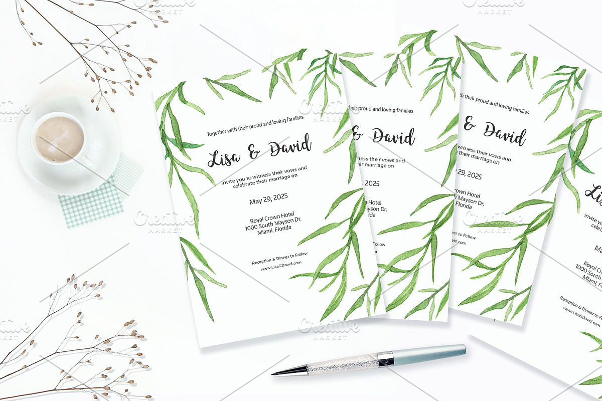 Leafy Watercolor Wedding Invitation, an Invitation Template by Love Design (Photo 6 of 7)