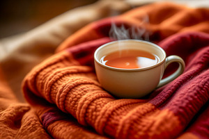 Cup of herbal tea on folded autumn, a Photo by rarrarorro