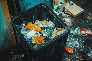 Closeup of a messy trash can overflo, a Photo by Iftikhar Alam