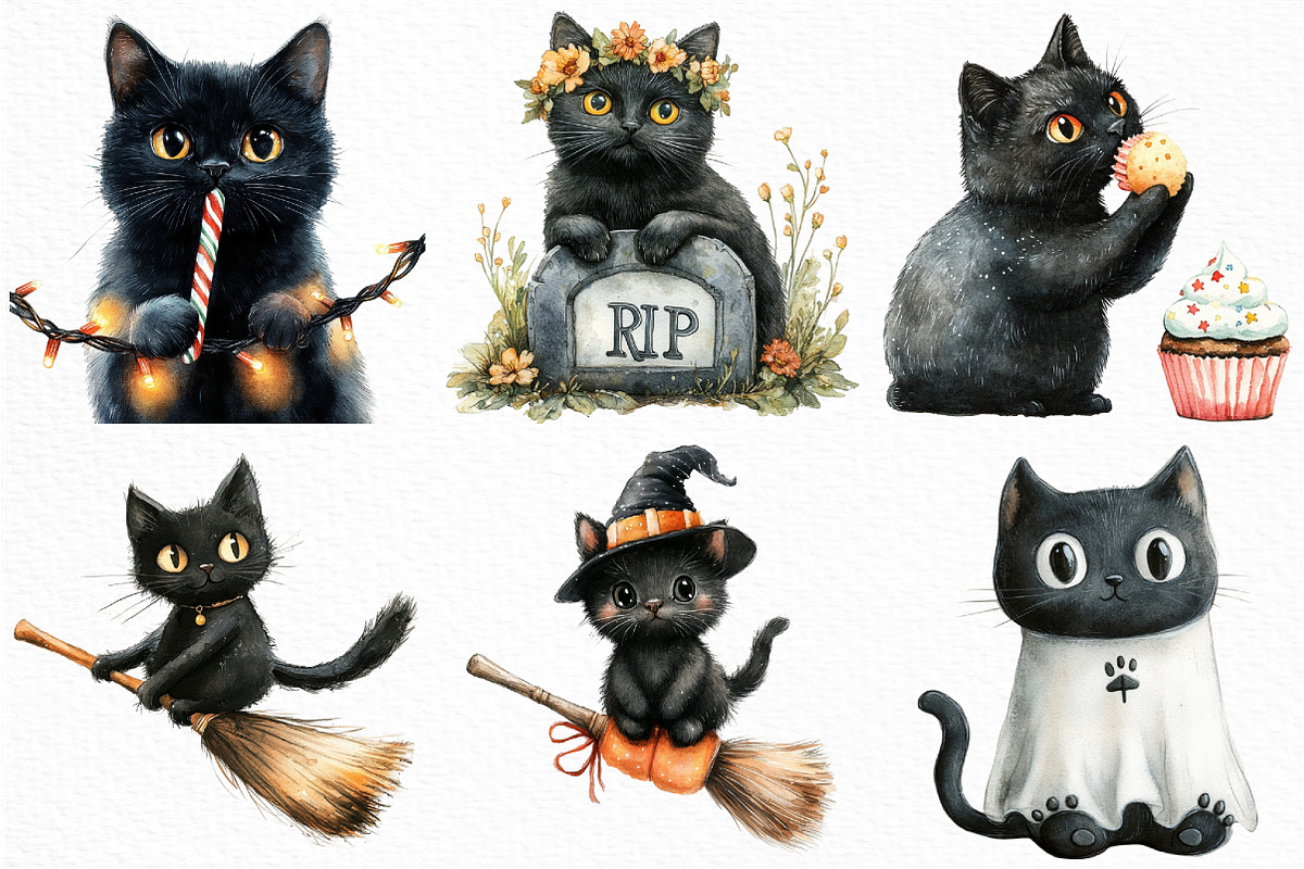 Watercolor Cute Halloween Cat, an Illustration by Craft Nest (Photo 2 of 6)