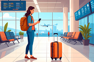 Young woman with luggage at the airport terminal illustration, a Person Photo by DanFLCreativo