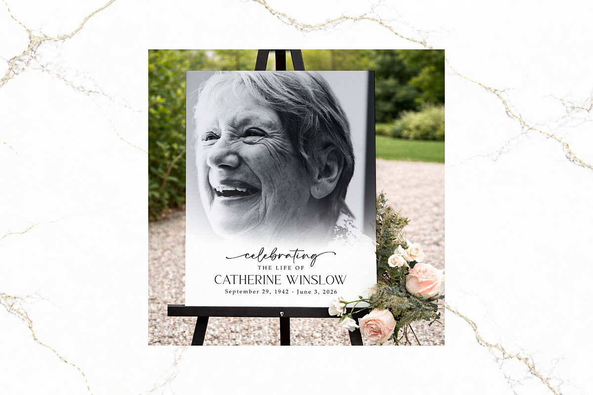 Funeral Welcome Sign B&W Canva FR006, a Poster Template by TyphoonStudio (Photo 1 of 9)