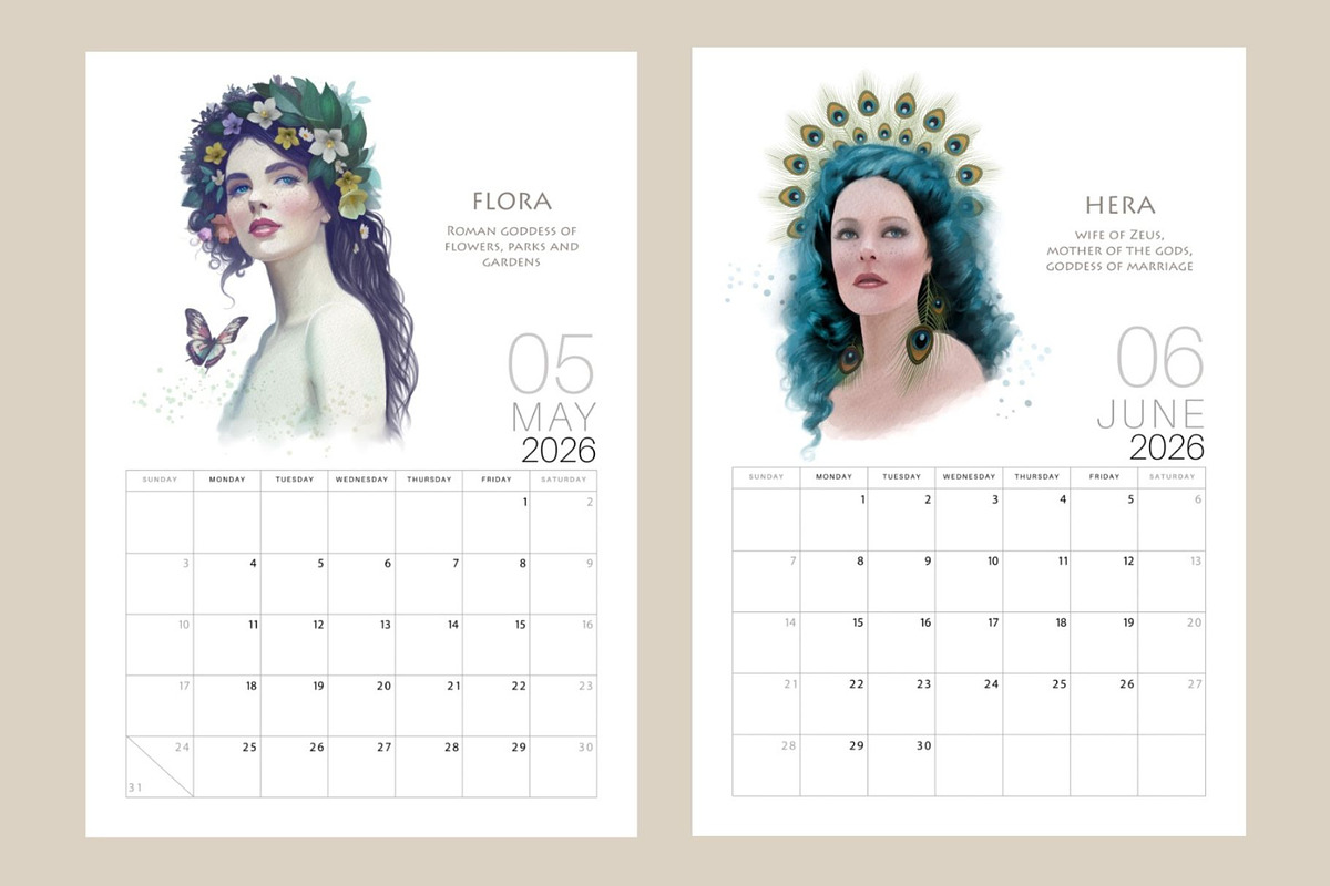 2026 Printable Calendar Goddesses, a Decorative Illustration by La Inspiratriz (Photo 3 of 8)