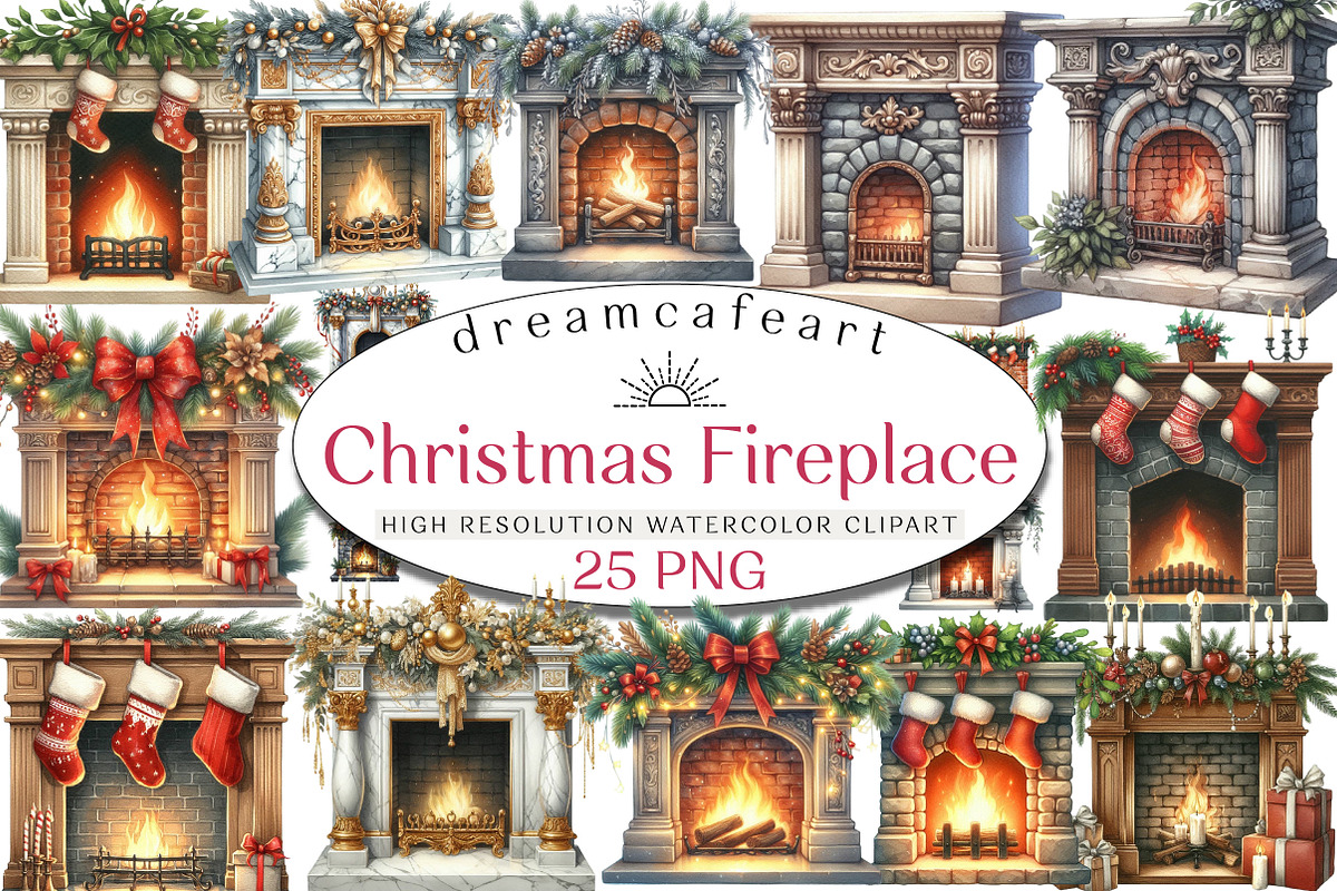 Christmas Fireplace Clipart, an Illustration by DreamCafeArt (Photo 1 of 5)