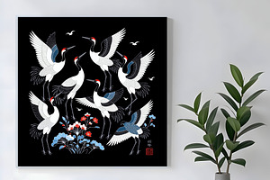 Oriental Cranes with Blue Flowers, an Animal Illustration by Sharon Schwalbe