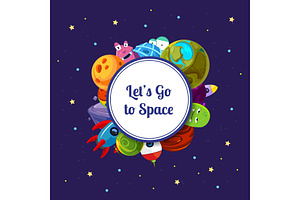 Vector Cartoon Space Planets And Ships Under Circle With Place For Text Illustration