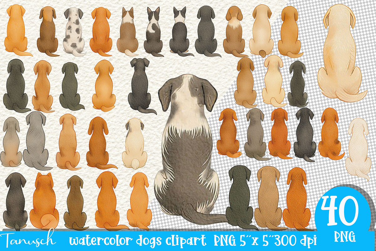 Watercolor Dogs Sitting from Behind, an Animal Illustration by TanuschArts (Photo 1 of 2)