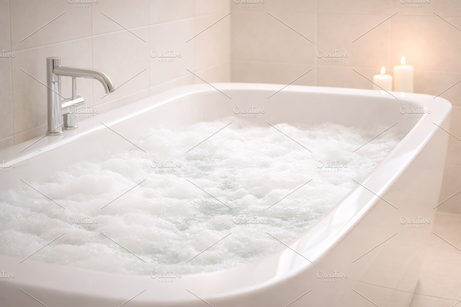 Bathtub with frothy bubbles and lit, a Photo by Dvoevnore photos