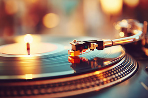 Vinyl Record on Turntable with Warm Lighting, a Technology Photo by AlyaAnd