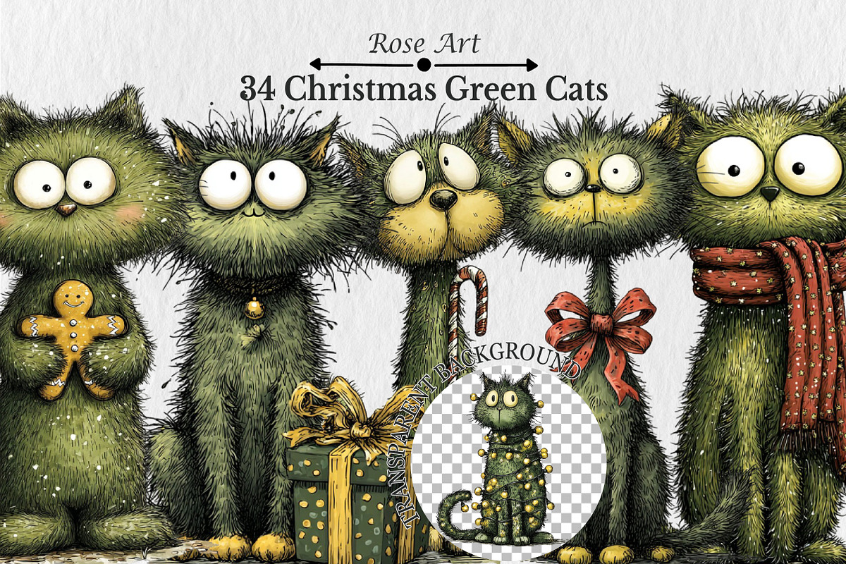 Whimsical Christmas Green Cats Clipa, a Seasonal Illustration by Rose Art (Photo 1 of 6)