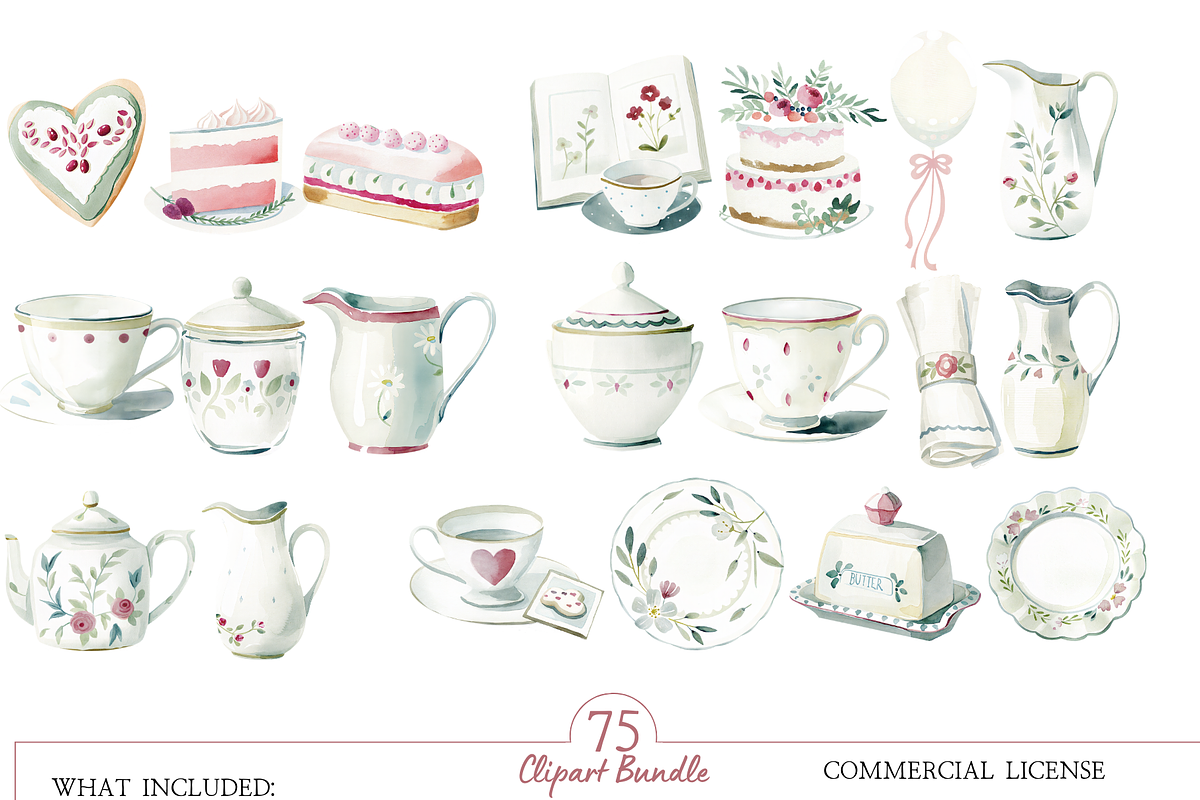 Watercolor Tea Party Clipart Bundle, an Illustration by MockupWizard (Photo 4 of 6)