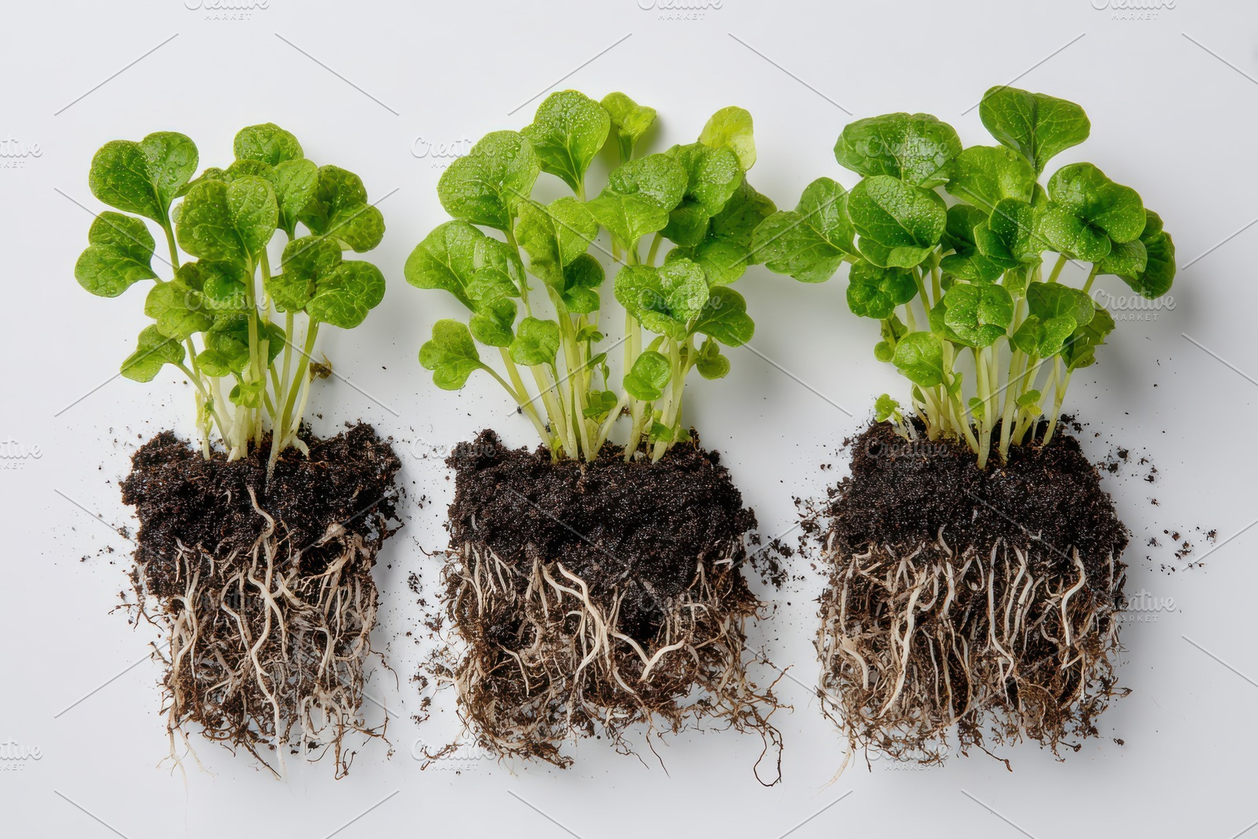 Three green seedlings with roots soi, a Photo by Pixeness Studio