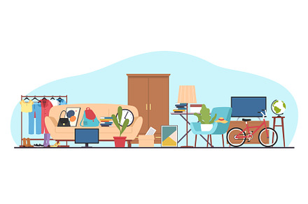 Garage sale concept, flea market, an Illustration by YummyBuum