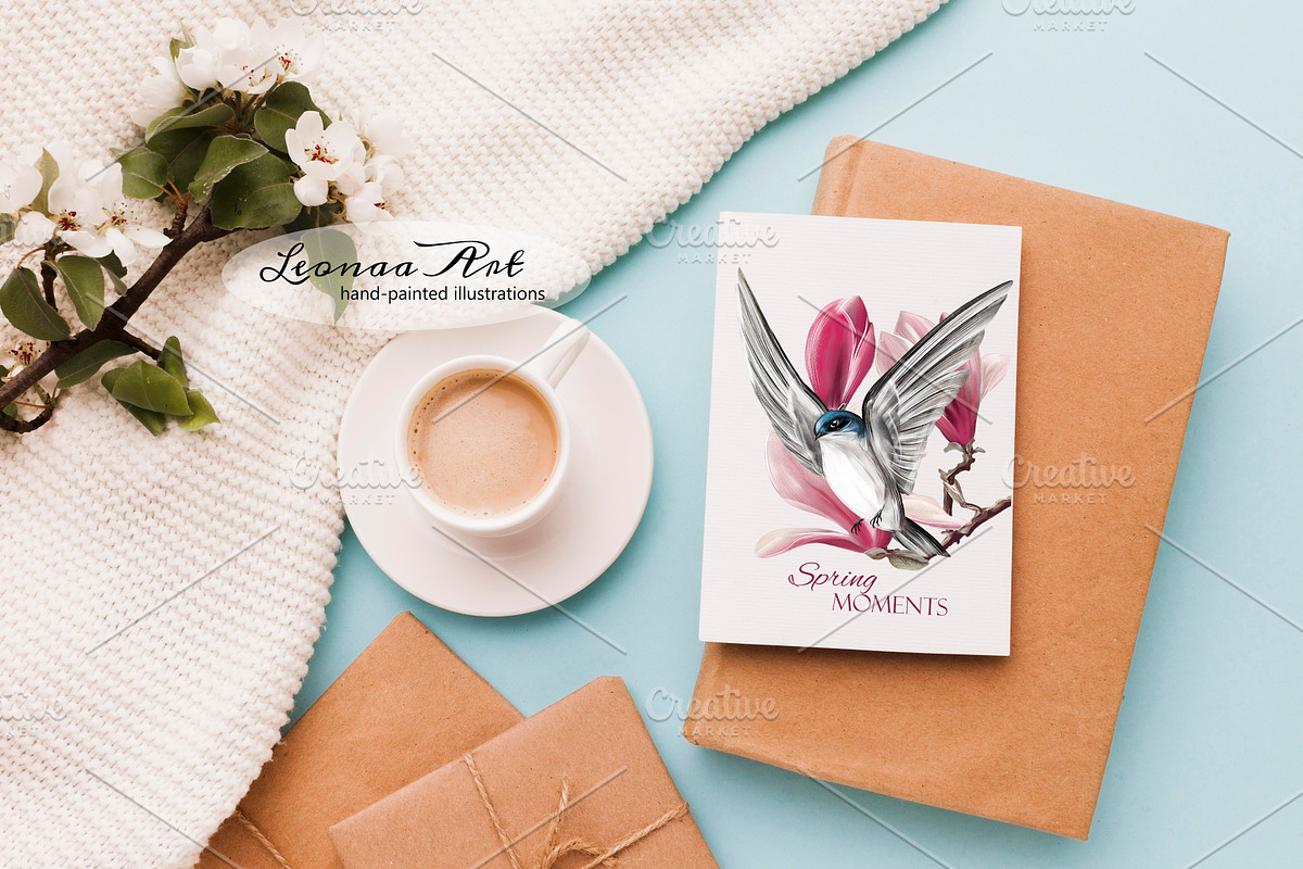 Swallows with magnolias Clipart Set, a Seasonal Illustration by Leonaa art (Photo 2 of 11)