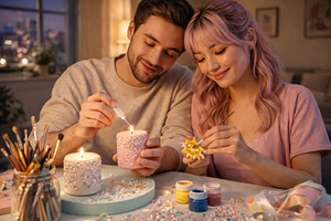 Young couple enjoying a shared crafting hobby with candles at ho, a Photo by Dvoevnore photos
