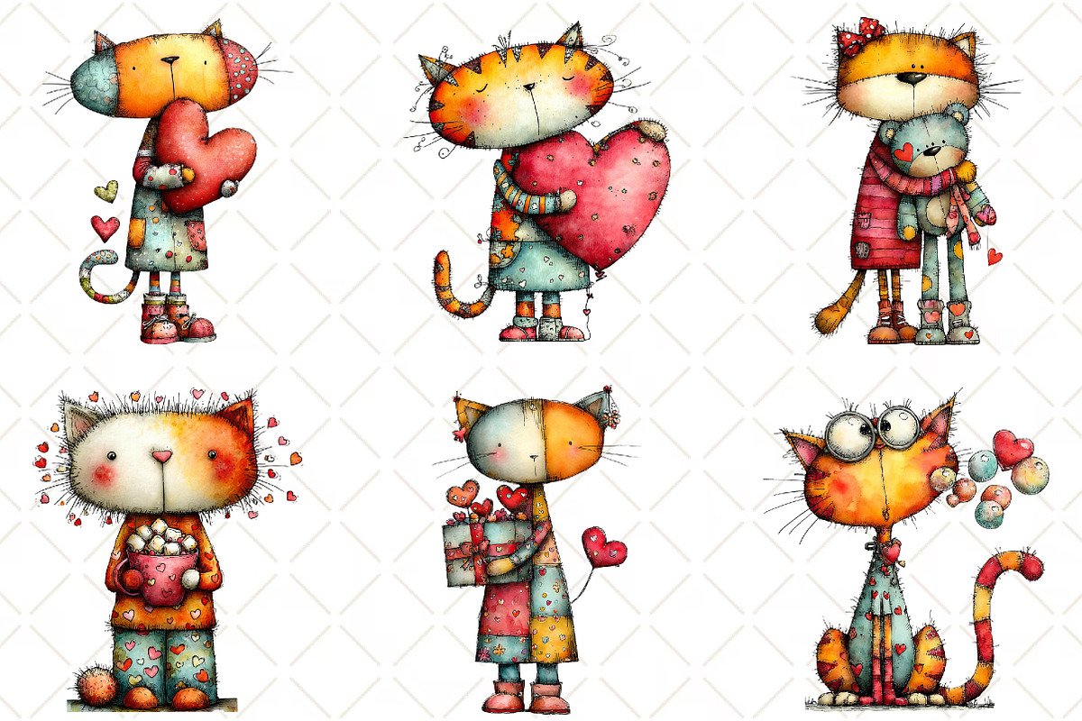 Quirky Valentine Cats Clipart, an Animal Illustration by Black Bird Studio (Photo 5 of 6)