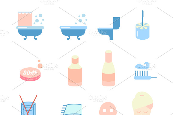 Vector Flat Bathroom Icons Set.