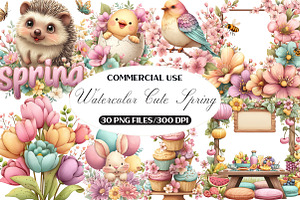 Watercolor Cute Spring Clipart, an Illustration by Black Bird Studio