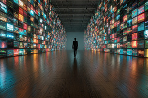 Man walks through digital informatio, an Abstract Photo by Pixeness Studio