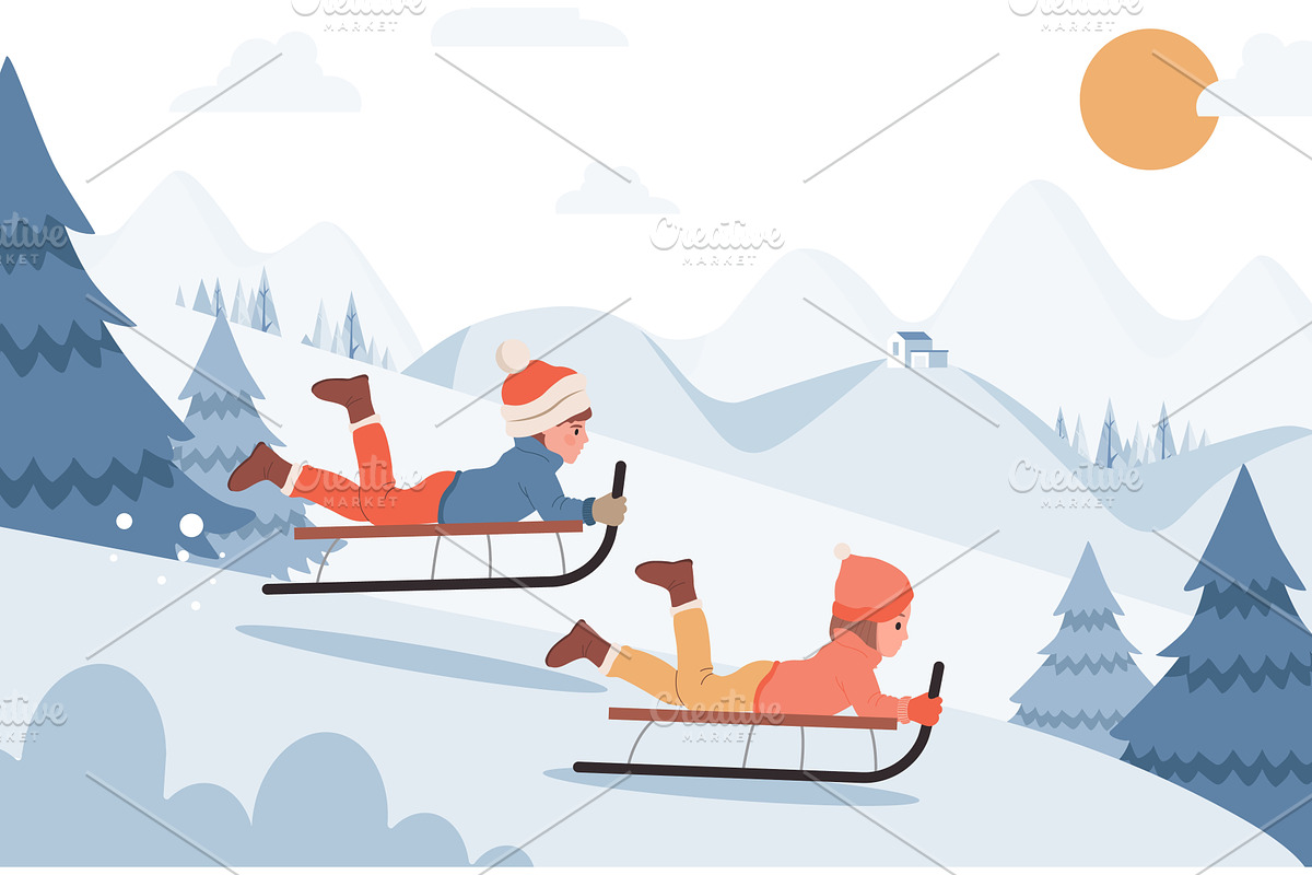 Kids riding on sleds vector flat, a Person Illustration by Pavlo Plakhotia's Shop