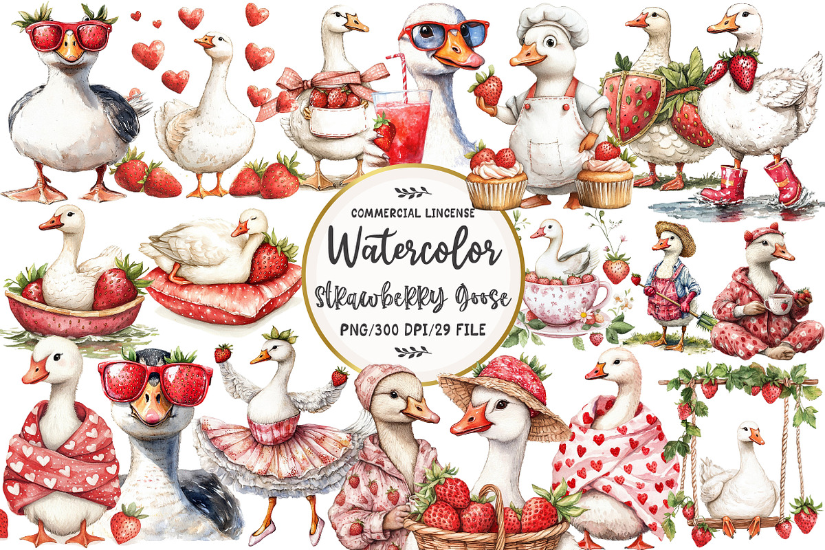 Watercolor Strawberry Goose Clipart, an Illustration by OK Design (Photo 1 of 5)