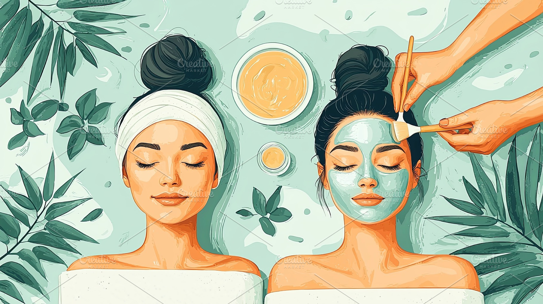 Top view of peaceful women enjoying spa treatments with green face masks, a Photo by AS photostudio