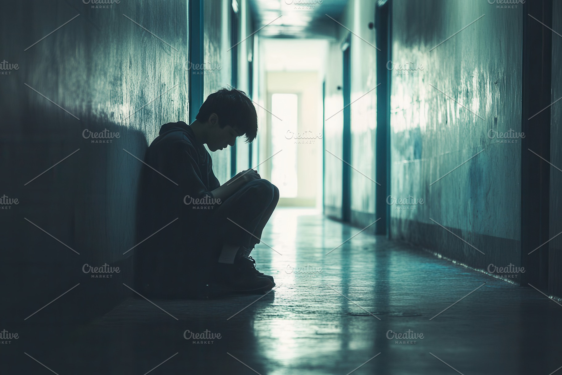 Alone in a shadowy school corridor, a Photo by Pavel_design