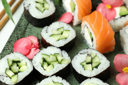 Concept of tasty food with sushi rolls, close up, a Food & Drink Photo by AtlasStudio PRO