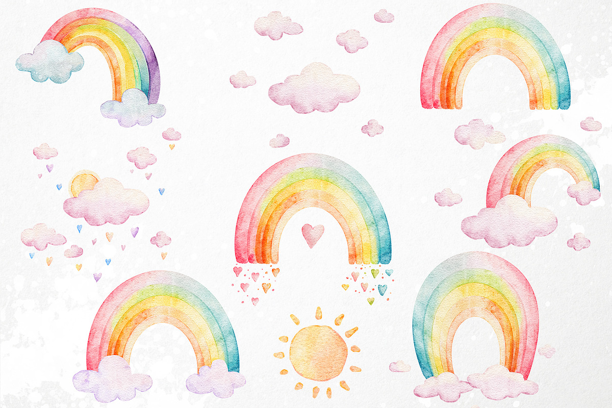 Watercolor Rainbows & Clouds PNG, an Object Graphic by PixelJungle (Photo 2 of 4)