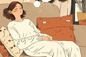 Relaxed woman enjoying a serene moment on a cozy couch at home, a Photo by AS photostudio