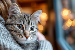 Fluffy Kitten Snuggled in Sweater, an Animal Photo by Ocean Digital Art