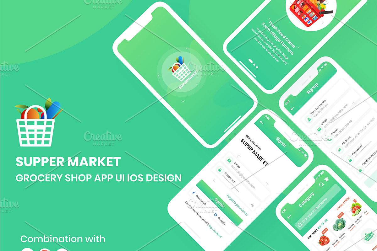Supermarket Grocery Store Mobile App, an UI Kit Template by RiveupDigital (Photo 1 of 6)