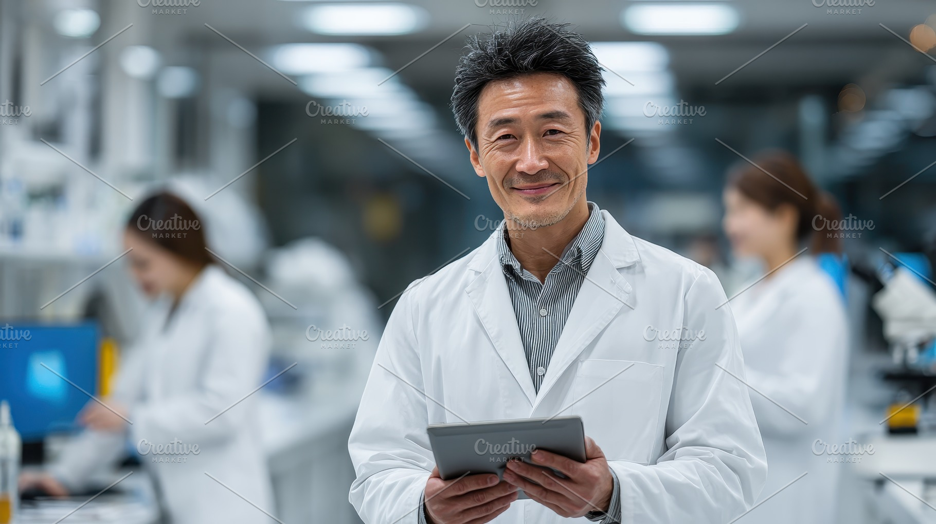 Scientist in lab coat holds tablet s, a Photo by Pixeness Studio