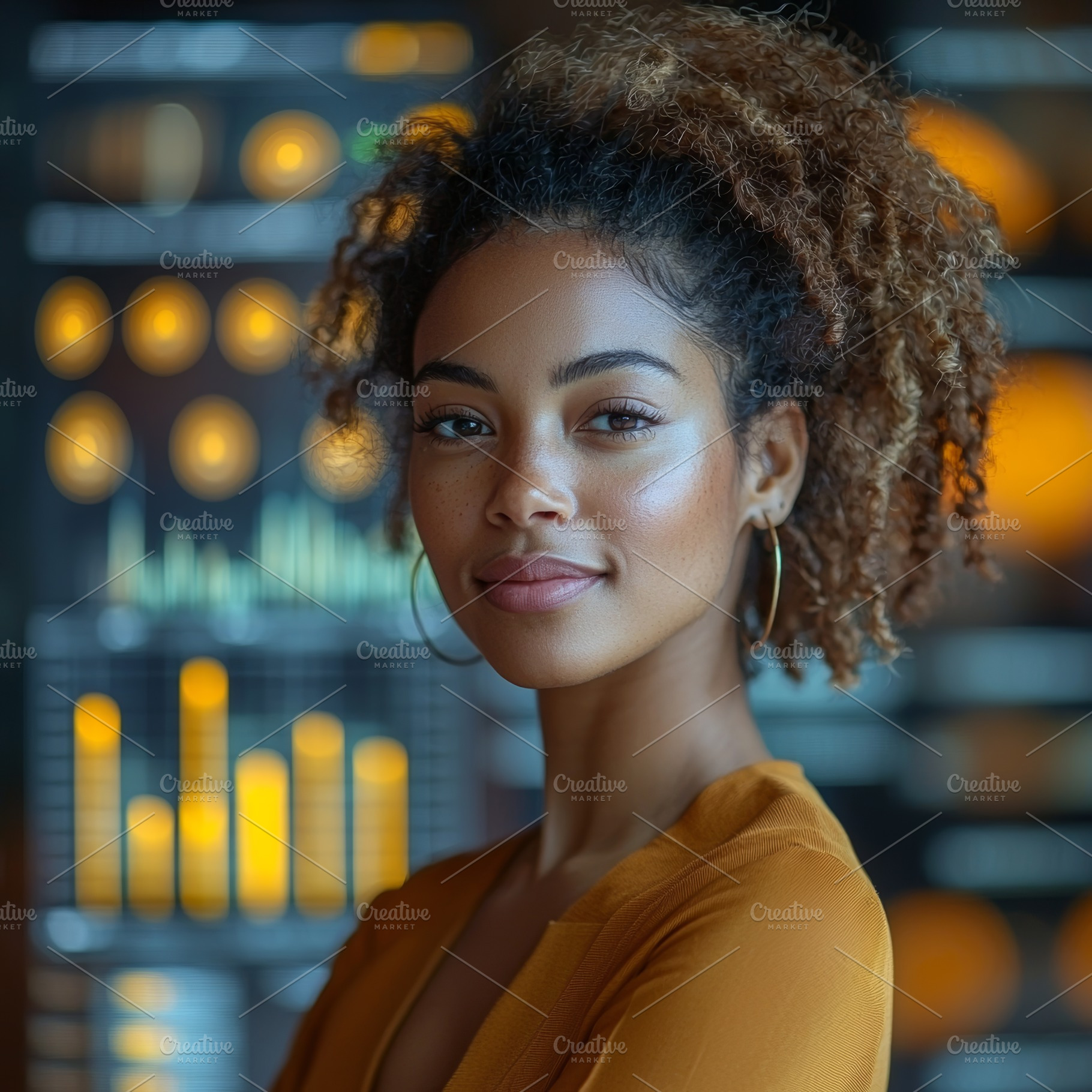 Confident businesswoman in a modern office setting with data visualization, a Photo by AS photostudio