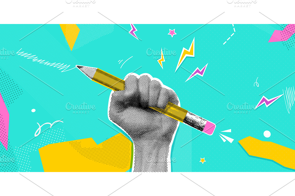 Hand pencil collage. Fist hold pen, an Education Illustration by Stock-Smart-Start