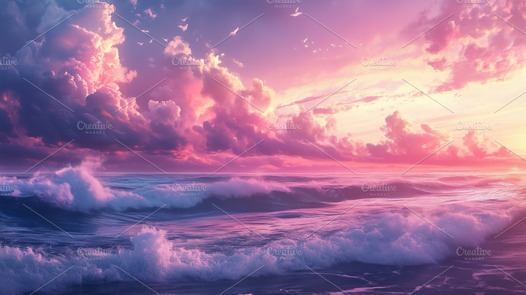A breathtaking seascape at sunset, featuring vibrant pink and purple clouds ref, a Photo by Textures & Backgrounds