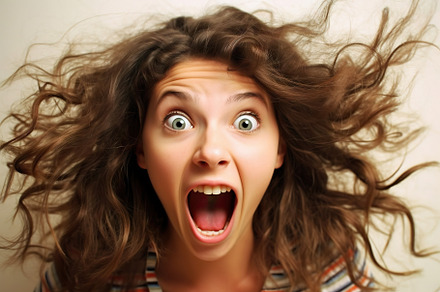 Screaming young woman looking at camera. Generative AI., a Person Photo by AS photostudio