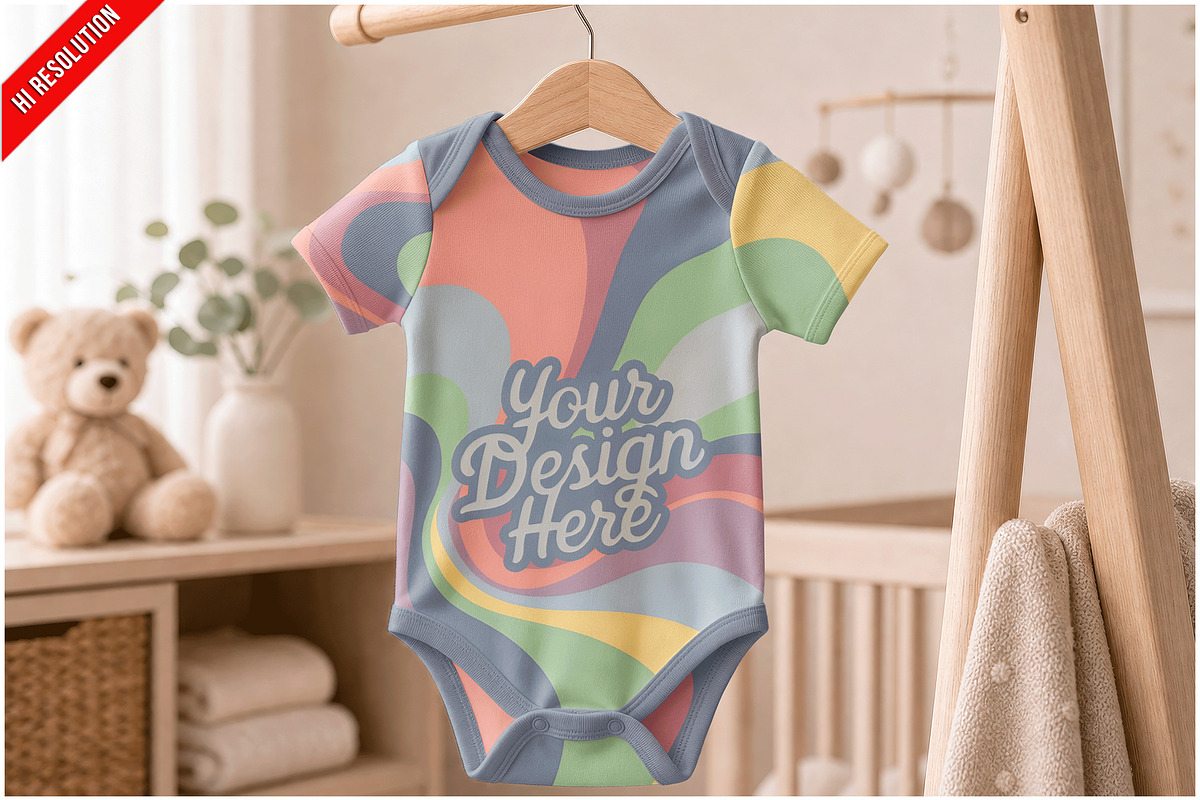 Baby Bodysuit Nursery Mockup PSD, an Advertising Mockup by Bruno's Shop (Photo 1 of 3)