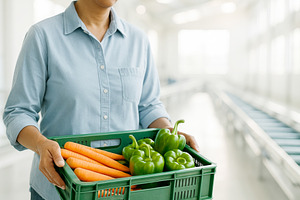 Woman farmer holding basket of fresh, a Photo by Dvoevnore photos