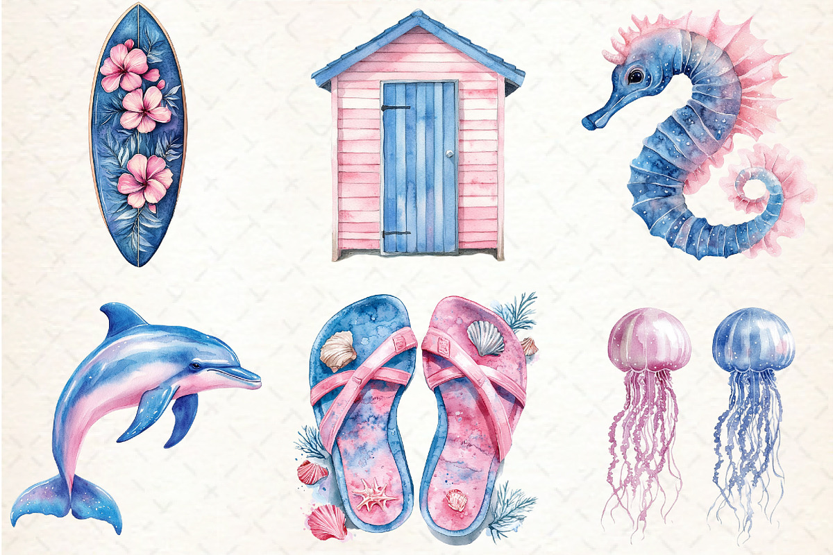 Summer Pink & Blue Coastal Clipart, an Illustration by Libby Wishes (Photo 4 of 7)