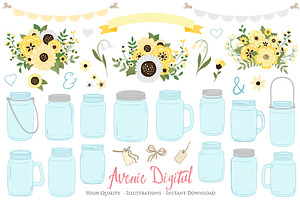 Yellow Floral Mason Jars Cliparts