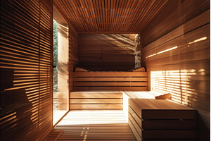Sunlight illuminating empty sauna, an Architecture Photo by Ylivdesign